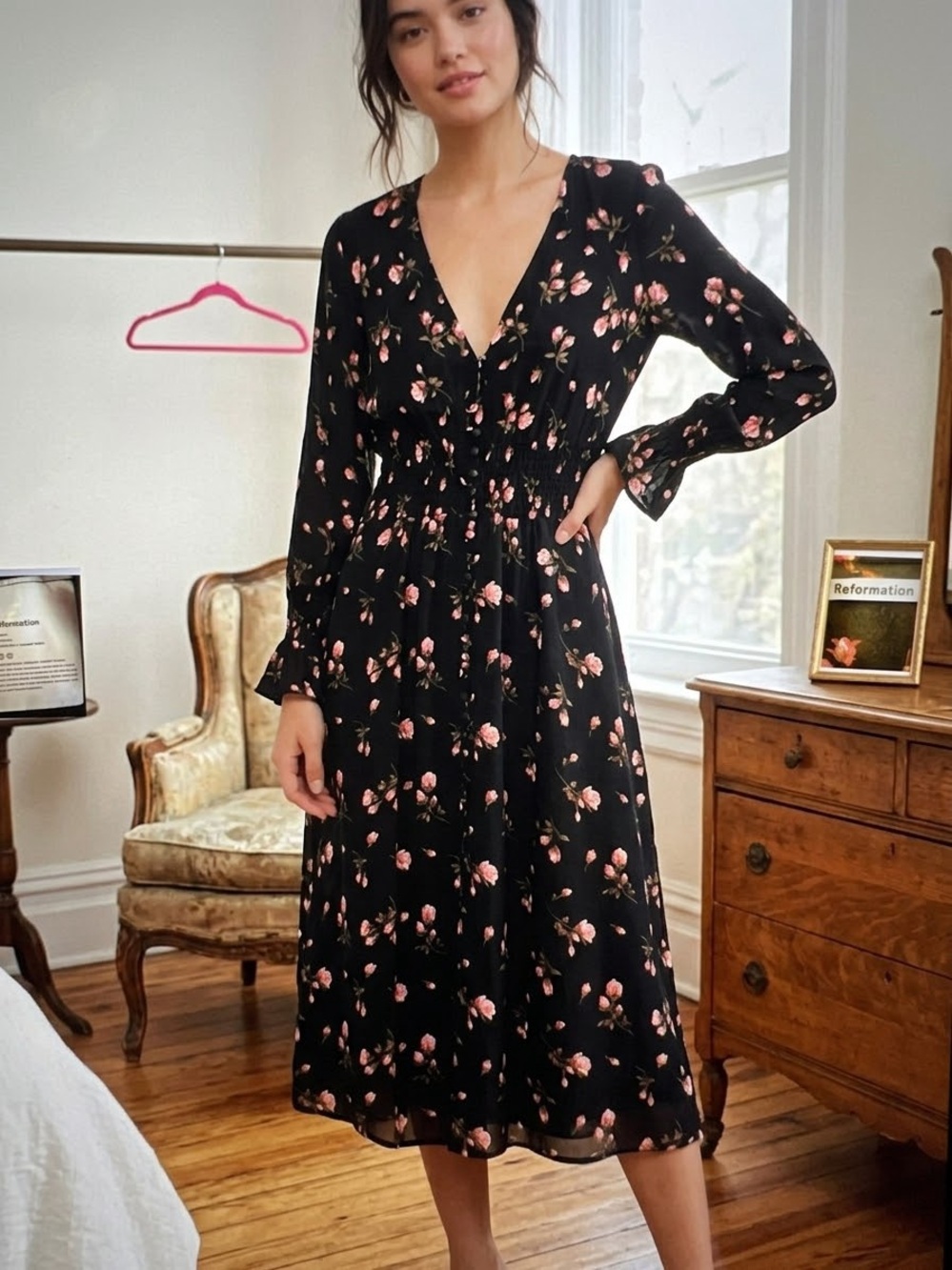 Reformation Fia Floral Black Dress Size 4